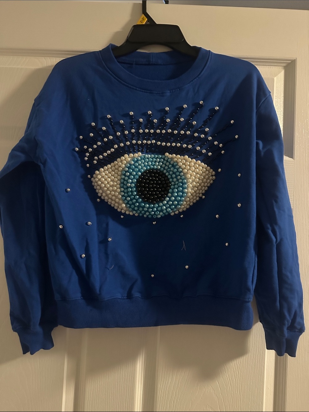 Blue Embellished Eye Crewneck Sweater with Beaded Detail